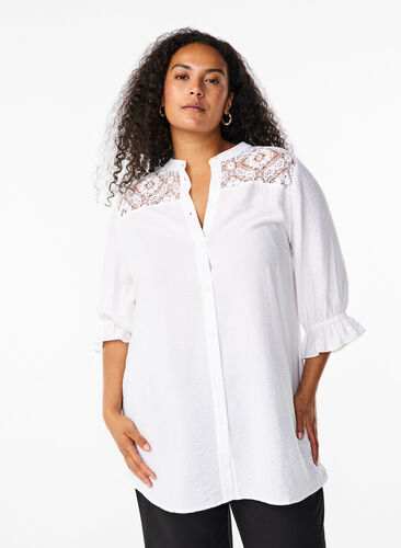 Zizzi Chemise longue en viscose avec détail en dentelle, Bright White, Model image number 0