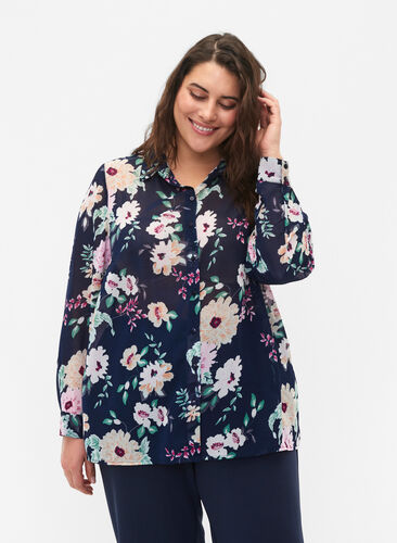 Zizzi FLASH - Chemise à manches longues avec imprimé floral, Navy Flower, Model image number 0