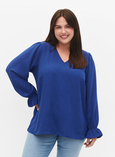 Zizzi Blouse à encolure en V avec manches longues, Mazarine Blue, Model image number 0