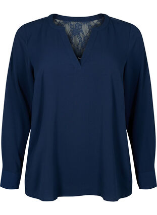 Zizzi Blouse à manches longues avec détails en dentelle , Navy Blazer, Packshot image number 0