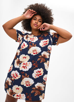 Zizzi Robe à manches courtes avec imprimé, Navy B. Rose AOP, Image image number 0