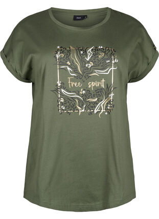 Zizzi T-shirt en coton biologique avec imprimé doré, Thyme W. Free, Packshot image number 0