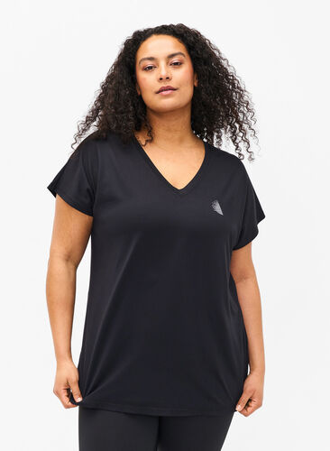 Zizzi T-shirt de sport ample avec col en V, Black, Model image number 0