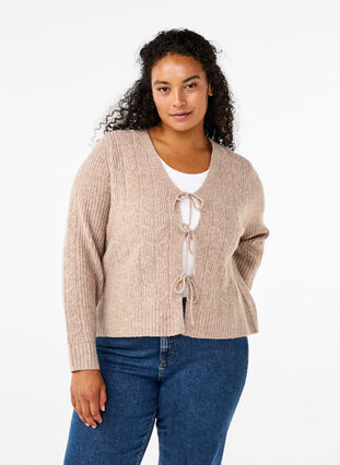 Zizzi Cardigan en maille avec lien à nouer, Simply Taupe Mel., Model image number 0