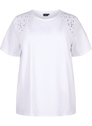 Zizzi T-shirt en coton bio avec détails brodés, Bright White, Packshot image number 0