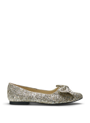 Zizzi Ballerines larges à paillettes avec nœud, Gold Glitter, Packshot image number 0