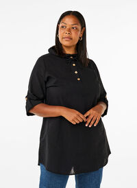 Tunique à capuche en coton et lin, Black, Model