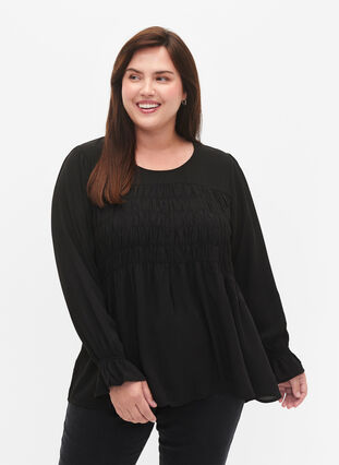 Zizzi Blouse à manches longues smockées, Black, Model image number 0