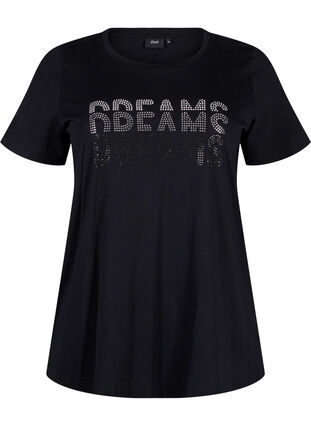 Zizzi T-shirt en coton avec motif strass, Black w. Dream, Packshot image number 0