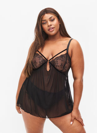 Zizzi Nuisette transparente avec dentelle, Black, Model image number 0