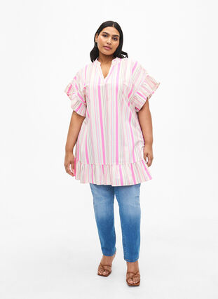 Zizzi Tunique motif floral en coton, Eggnog Multi Stripe, Model image number 2