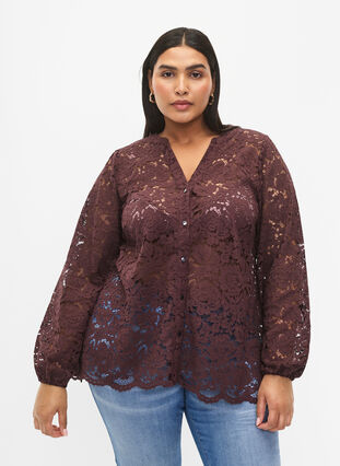 Zizzi Chemise en dentelle avec forme en A, Fudge, Model image number 0