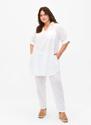 Zizzi Pantalon en coton uni avec du lin, Bright White, Model image number 0