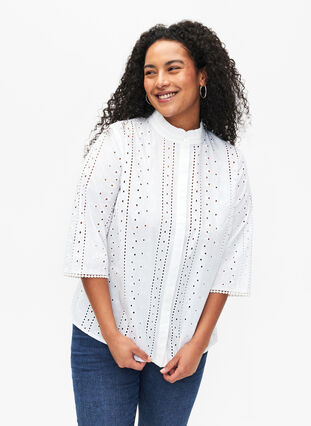 Zizzi Chemise en coton avec un motif à trous, Bright White, Model image number 0