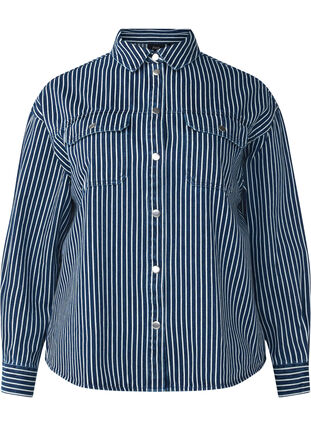 Zizzi Chemise en jean de couleur unie dotée de poches sur la poitrine, Blue Denim Stripe, Packshot image number 0