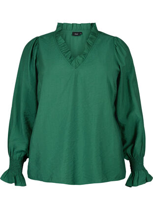 Zizzi Blouse à manches longues en viscose avec détails de volants, Hunter Green, Packshot image number 0