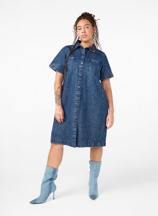 Zizzi Chemise en jean longue à manches courtes, Blue Denim, Image image number 0