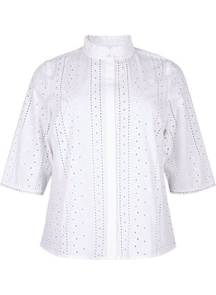 Zizzi Chemise en coton avec un motif à trous, Bright White, Packshot image number 0