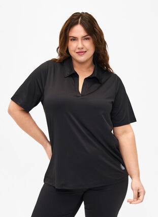 Zizzi T-shirt polo avec col en V, Black, Model image number 0