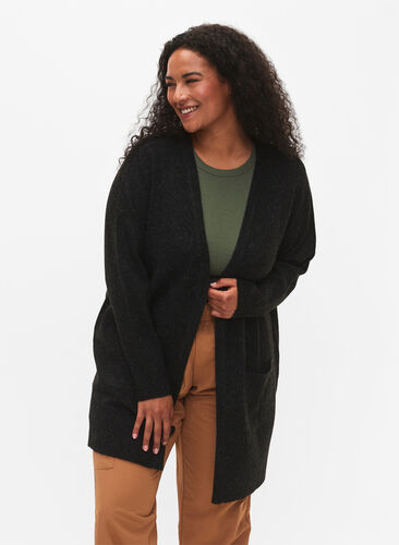 Zizzi Cardigan en tricot côtelé avec poches, Dark Grey Melange, Model image number 0