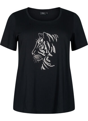 Zizzi T-shirt en coton avec motif, Black w. Lion, Packshot image number 0