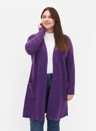 Zizzi Cardigan long en tricot avec des poches, Pansy Mel., Model image number 0