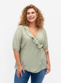 Blouse cache-cœur en viscose avec manches mi-longues, Seagrass , Model