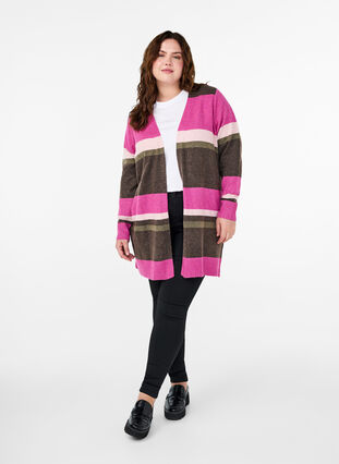 Zizzi Cardigan long en tricot avec rayures larges, Fuchsia Red Mel.Comb, Model image number 2