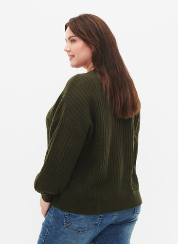 Zizzi Cardigan tricoté côtelé avec boutons, Forest Night Mel., Model image number 1