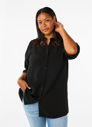 Zizzi Chemise longue en viscose avec détail en dentelle, Black, Model image number 0