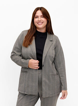 Zizzi Blazer à carreaux avec fermeture à boutons, Beige Brown Check, Model image number 0