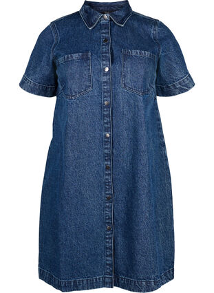 Zizzi Chemise en jean longue à manches courtes, Blue Denim, Packshot image number 0