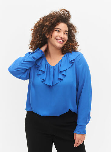 Zizzi Blouse à manches longues à volants, Strong Blue, Model image number 0