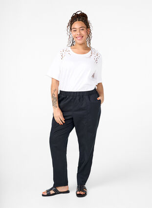 Zizzi Pantalon en coton et lin avec poches, Black, Model image number 0