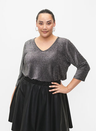 Zizzi Blouse scintillante avec manches 3/4, Black Silver , Model image number 0