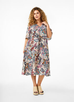 Zizzi Robe manches courtes en viscose avec imprimé paisley, Sand Do. Paisley AOP, Model image number 0