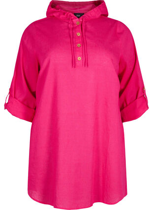 Zizzi Tunique à capuche en coton et lin, Bright Rose, Packshot image number 0