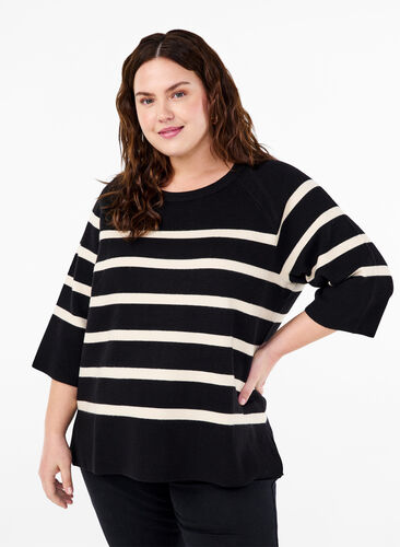 Zizzi Chemisier rayé en tricot à manches 3/4, Black Birch Stripes, Model image number 0