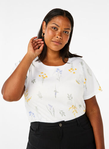 Zizzi T-shirt en coton biologique avec imprimé floral, Bright W. AOP, Model image number 0