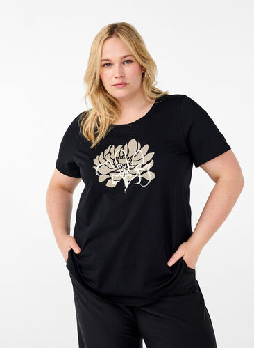 Zizzi T-shirt à motif, Black w. Flower, Model image number 0