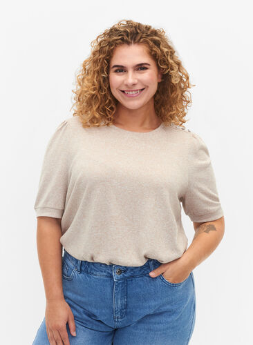 Zizzi Blouse à manches courtes et bouffantes, Natural Mél, Model image number 0