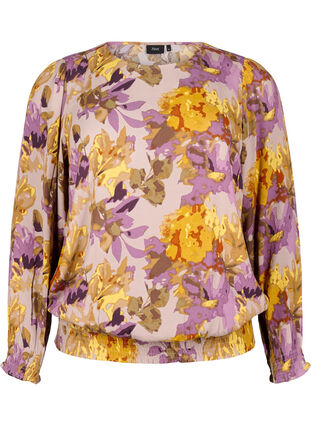 Zizzi Chemisier à smocks avec imprimé floral, Purple Flower, Packshot image number 0