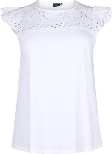 Zizzi T-shirt en coton biologique avec broderie anglaise, Bright White, Packshot image number 0