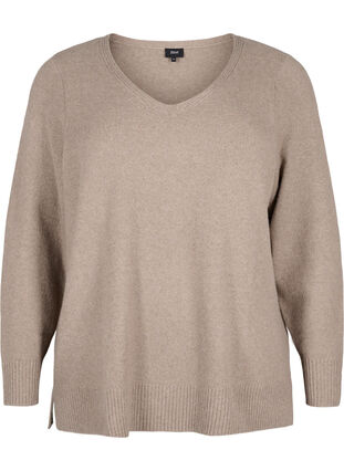 Zizzi  Chemisier en tricot avec col en V, Desert Taupe Melange, Packshot image number 0