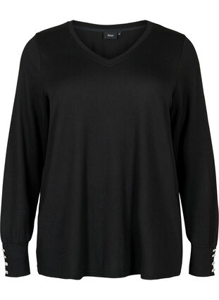 Zizzi Blouse à manches longues avec large revers et boutons, Black, Packshot image number 0