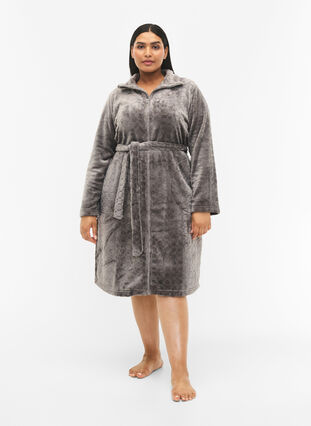 Zizzi Robe de chambre à motifs avec fermeture éclair et poches, Grey, Model image number 2