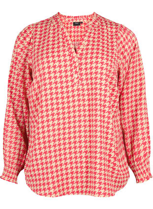 Zizzi Blouse avec smocks et décolleté en V, Raspb. Houndsthooth, Packshot image number 0