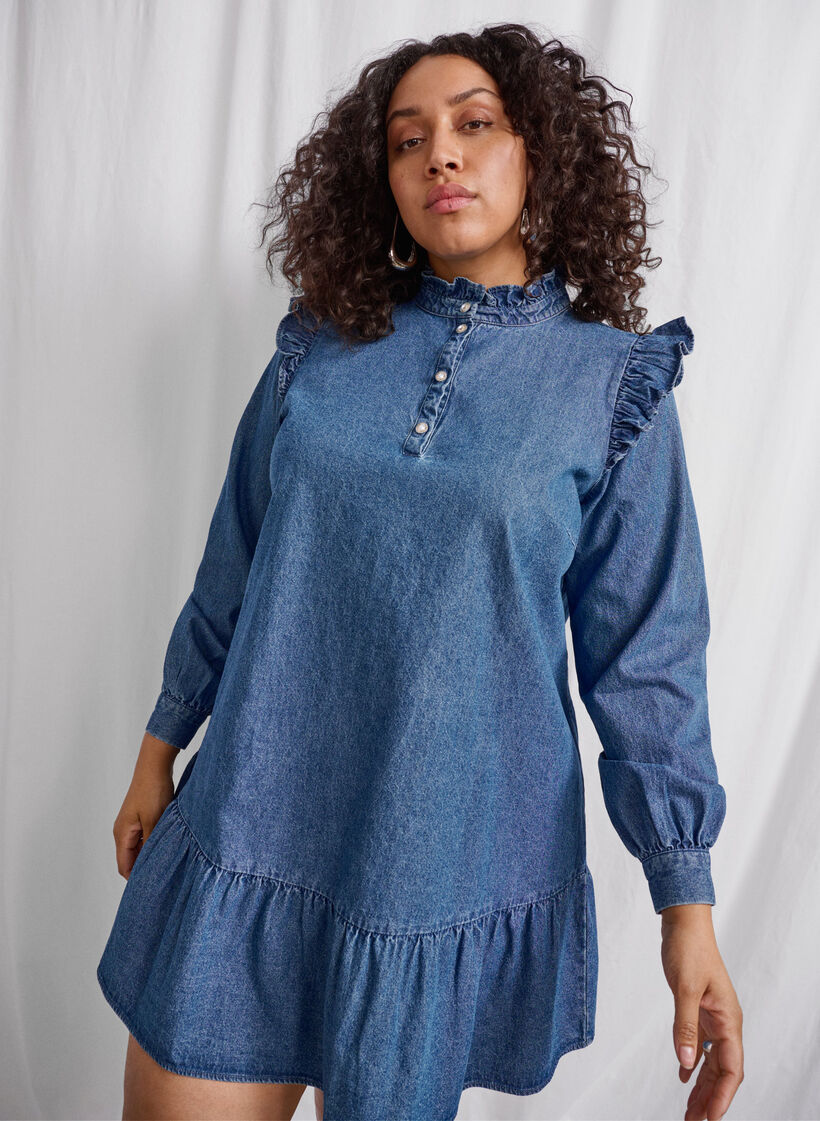 Robe en jean à volants et coupe en A, Blue Denim, Image