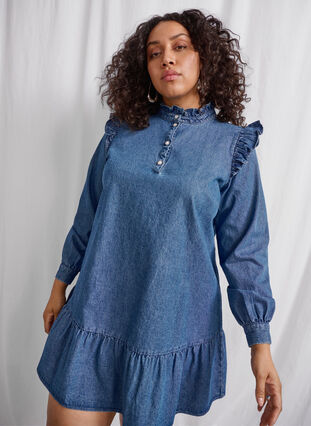 Zizzi Robe en jean à volants et coupe en A, Blue Denim, Image image number 0