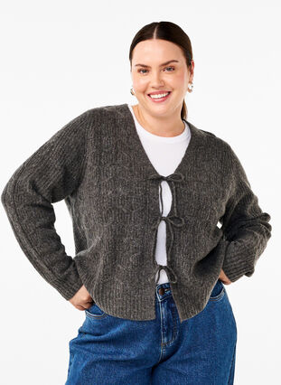 Zizzi Cardigan en maille avec lien à nouer, Dark Grey Melange, Model image number 0